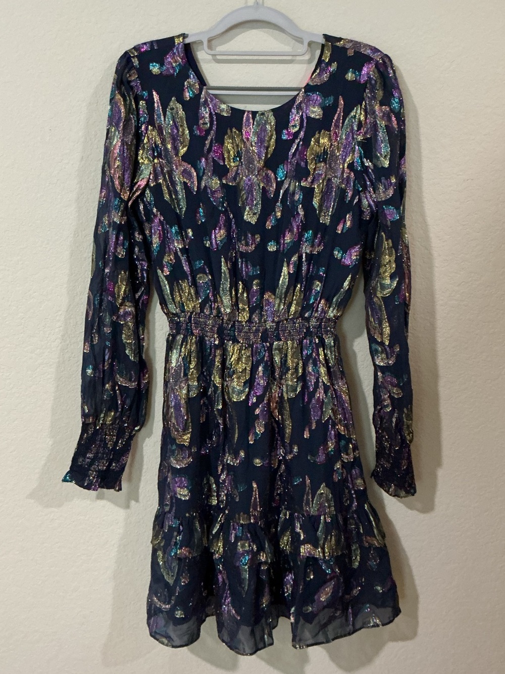 Metallic Floral Long-Sleeve Mini Dress - Navy & Gold